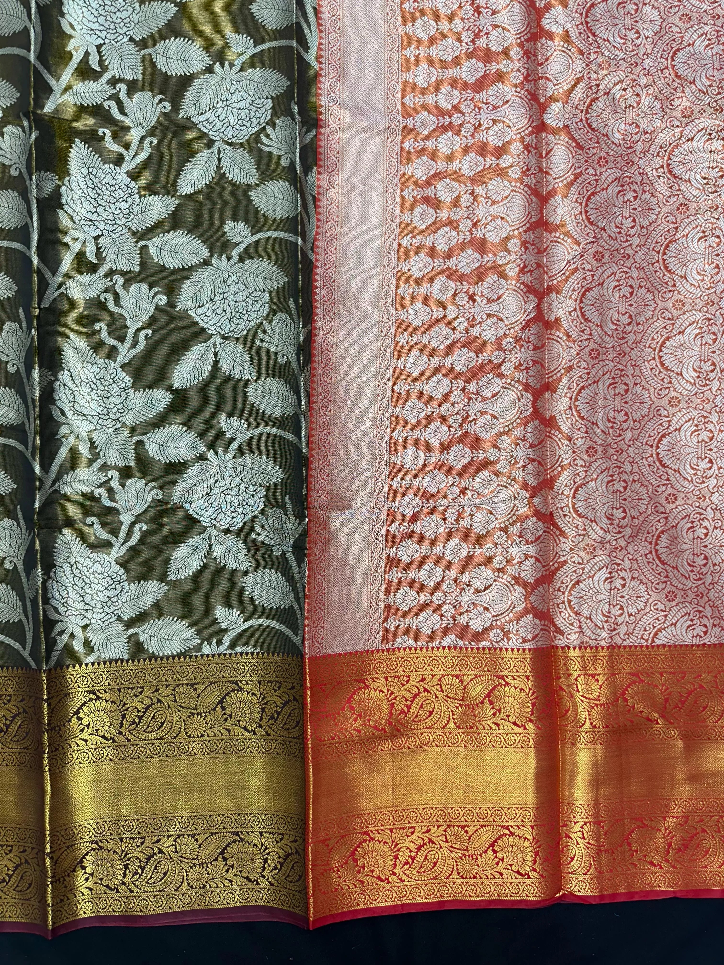 Model draped in a shimmering Tissue Banarasi Silk Saree with zari border, ideal for wedding and festive celebrations.