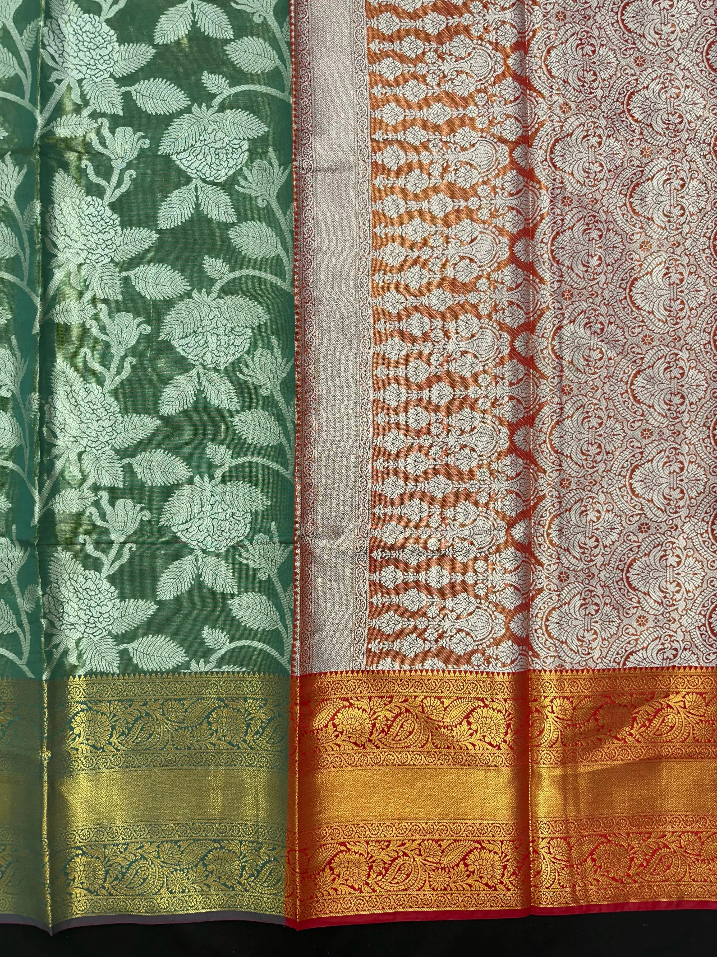 Model draped in a shimmering Tissue Banarasi Silk Saree with zari border, ideal for wedding and festive celebrations.