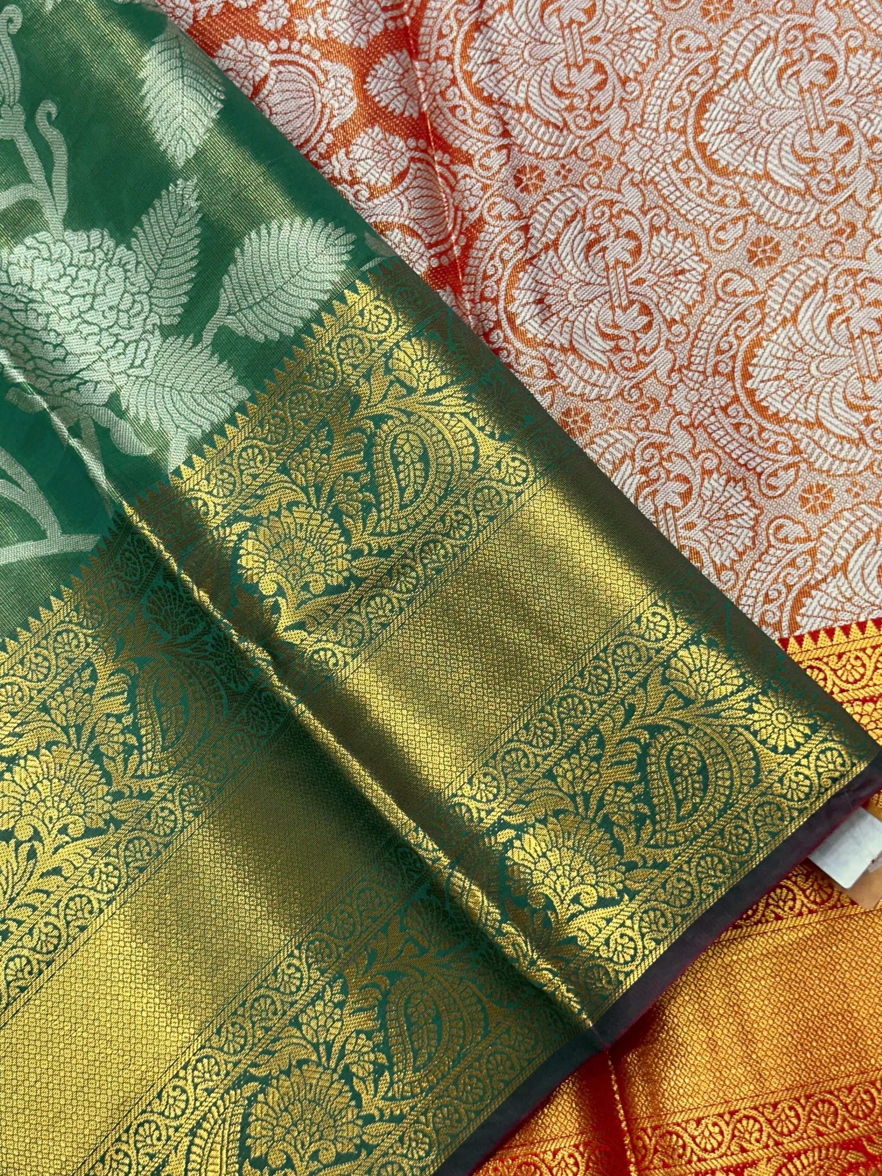 Model draped in a shimmering Tissue Banarasi Silk Saree with zari border, ideal for wedding and festive celebrations.