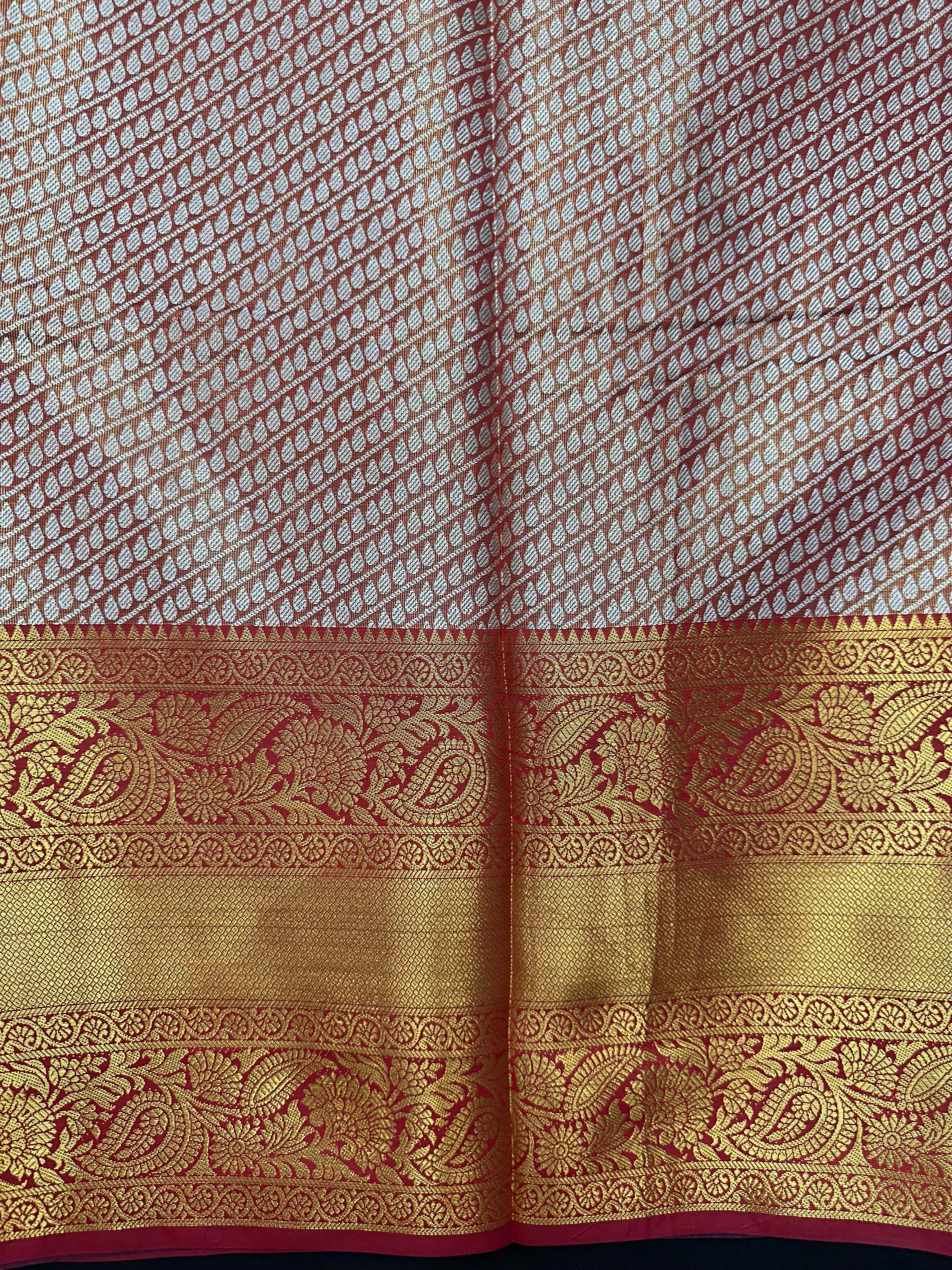 Model draped in a shimmering Tissue Banarasi Silk Saree with zari border, ideal for wedding and festive celebrations.