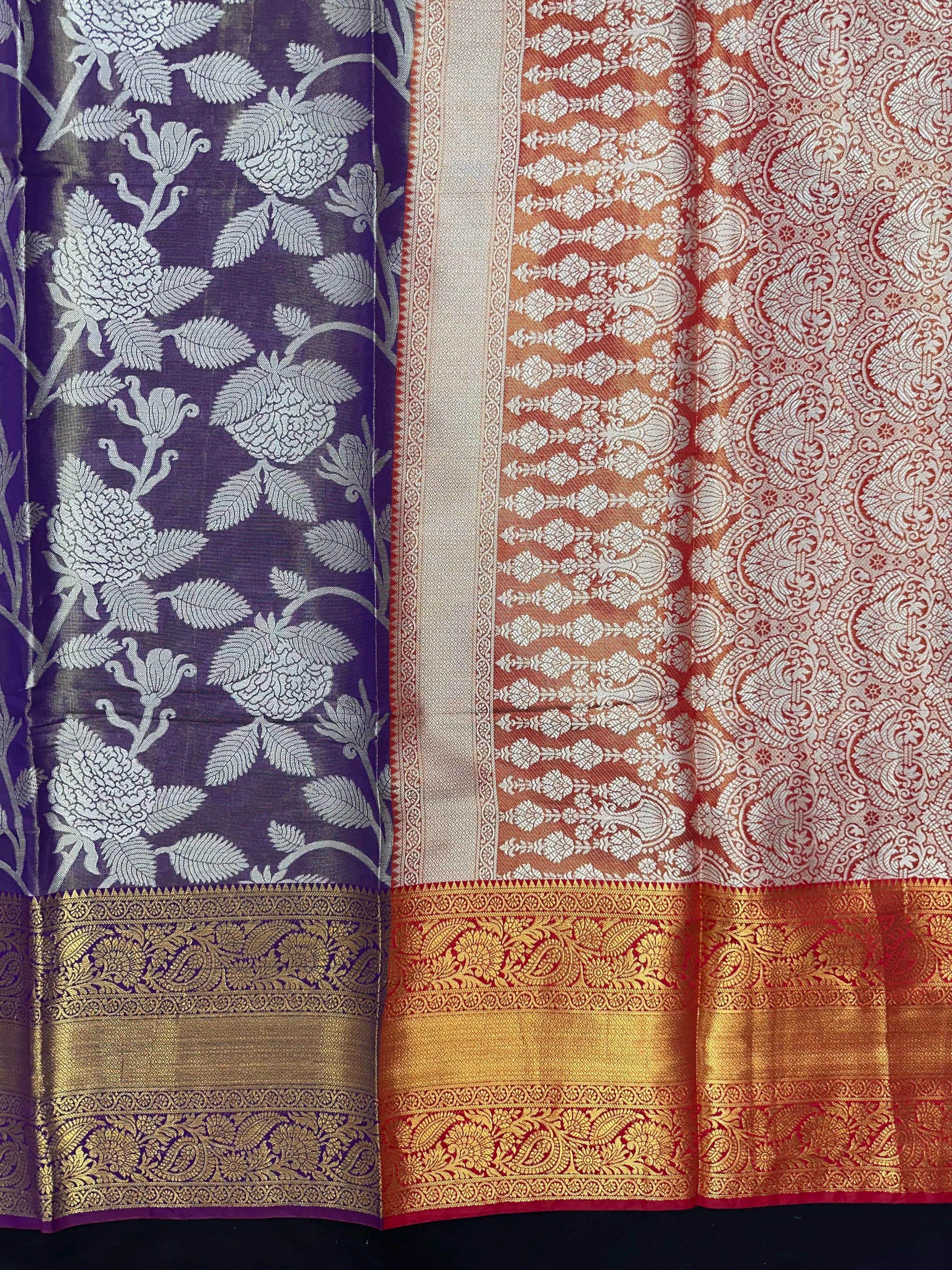 Model draped in a shimmering Tissue Banarasi Silk Saree with zari border, ideal for wedding and festive celebrations.