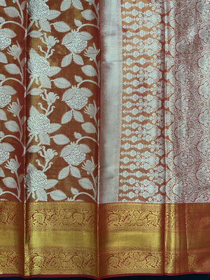 Model draped in a shimmering Tissue Banarasi Silk Saree with zari border, ideal for wedding and festive celebrations.