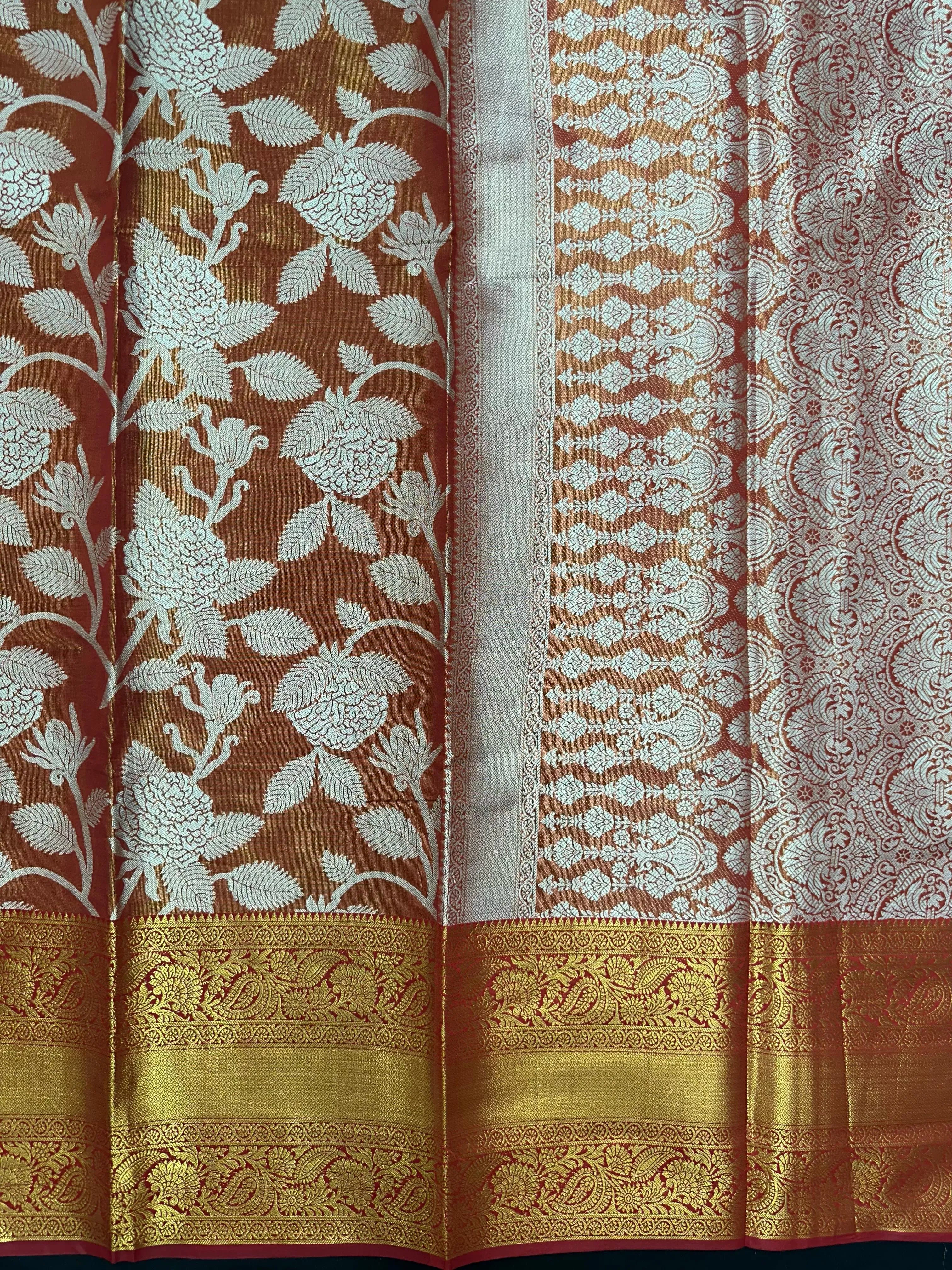 Model draped in a shimmering Tissue Banarasi Silk Saree with zari border, ideal for wedding and festive celebrations.