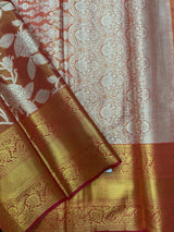 Model draped in a shimmering Tissue Banarasi Silk Saree with zari border, ideal for wedding and festive celebrations.