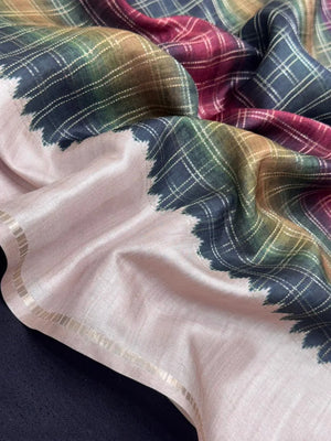 Classic Tasar Silk Saree – Grace Meets Tradition (Viscose Checks)