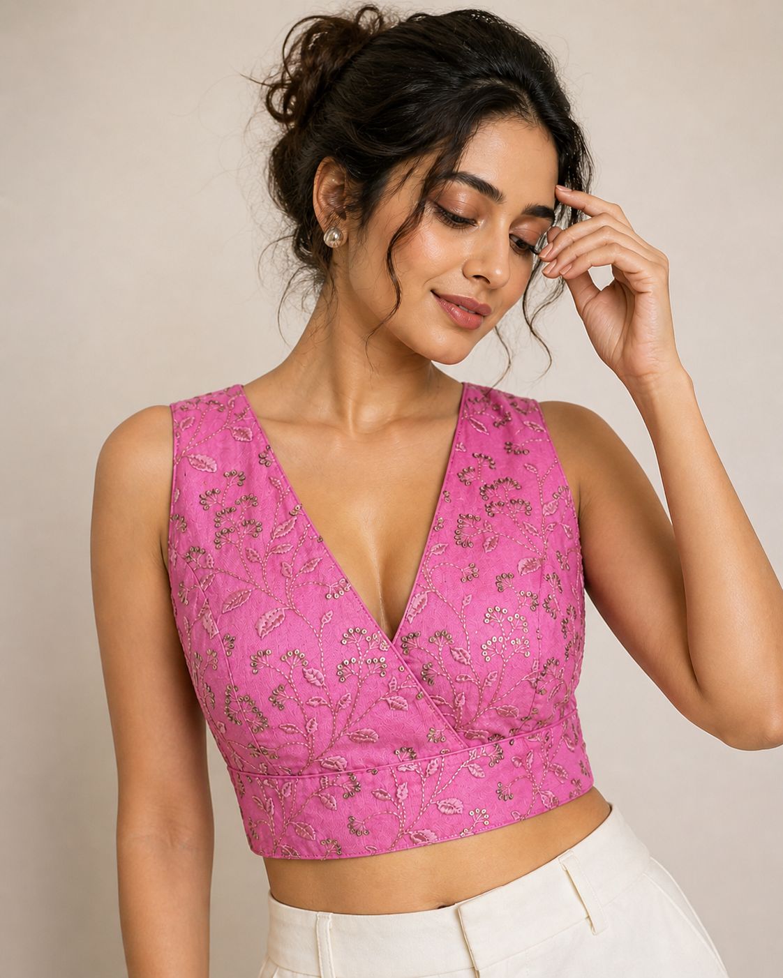 Stylish Embroidered Net V-Neck Ready Blouse