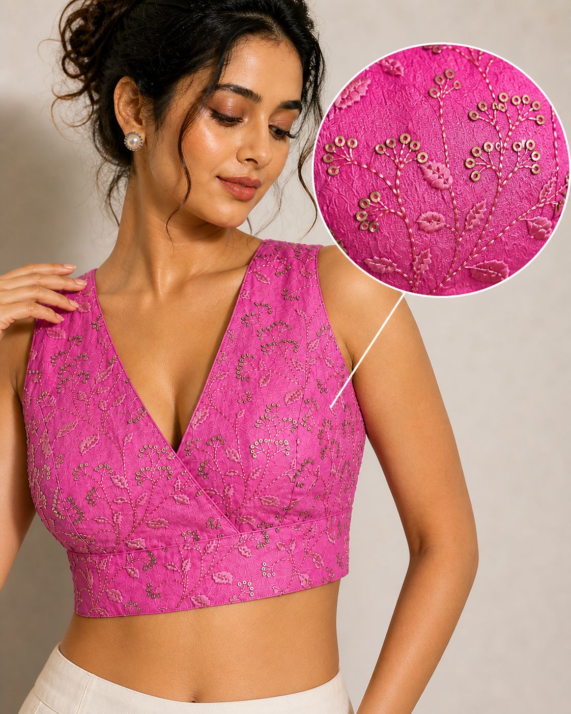 Stylish Embroidered Net V-Neck Ready Blouse