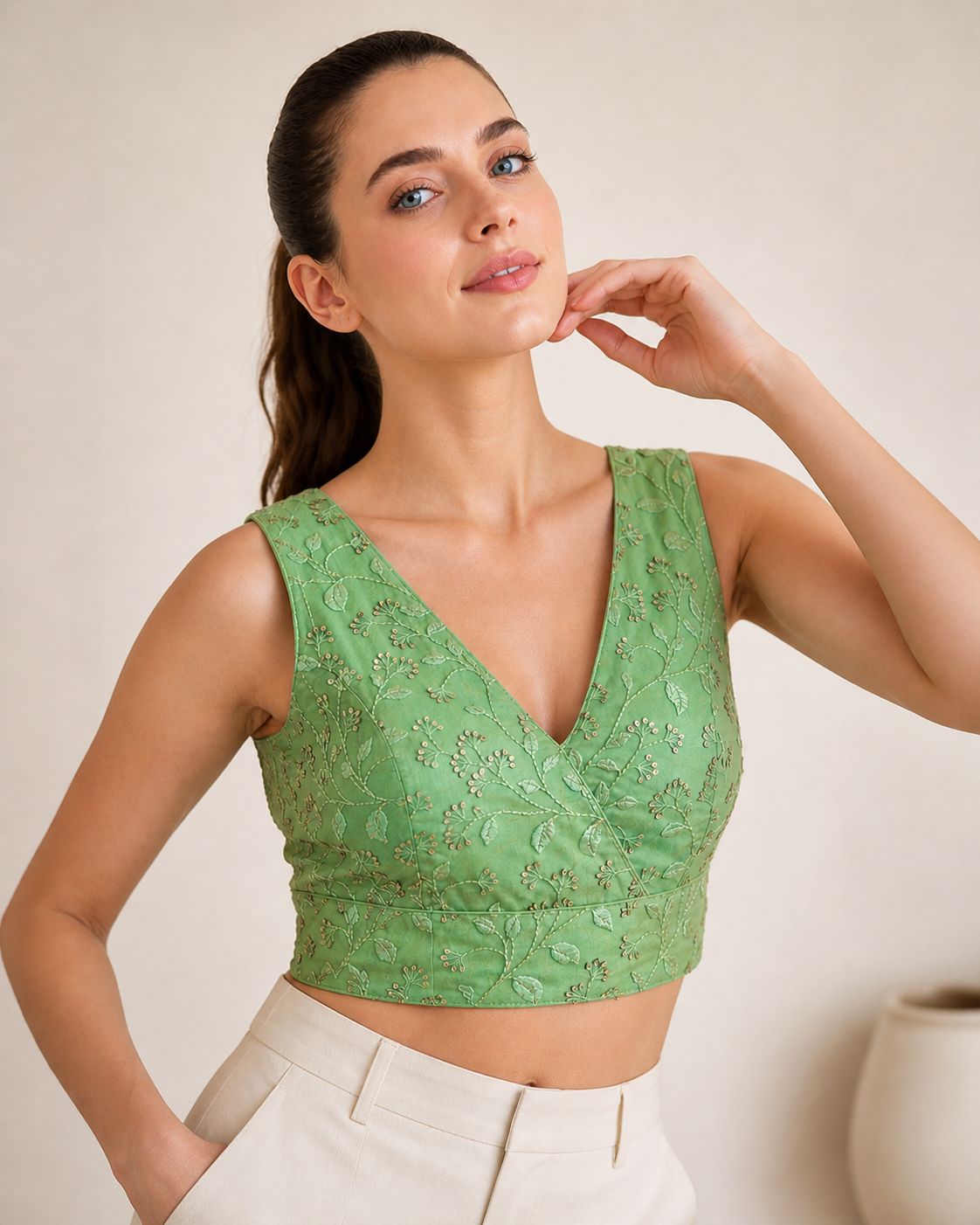 Stylish Embroidered Net V-Neck Ready Blouse 